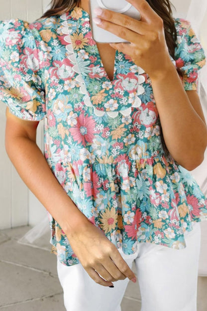 Printed Notched Short Sleeve Boho Blouse - Spirit and Rebel [Spirit and Rebel] Floral S 