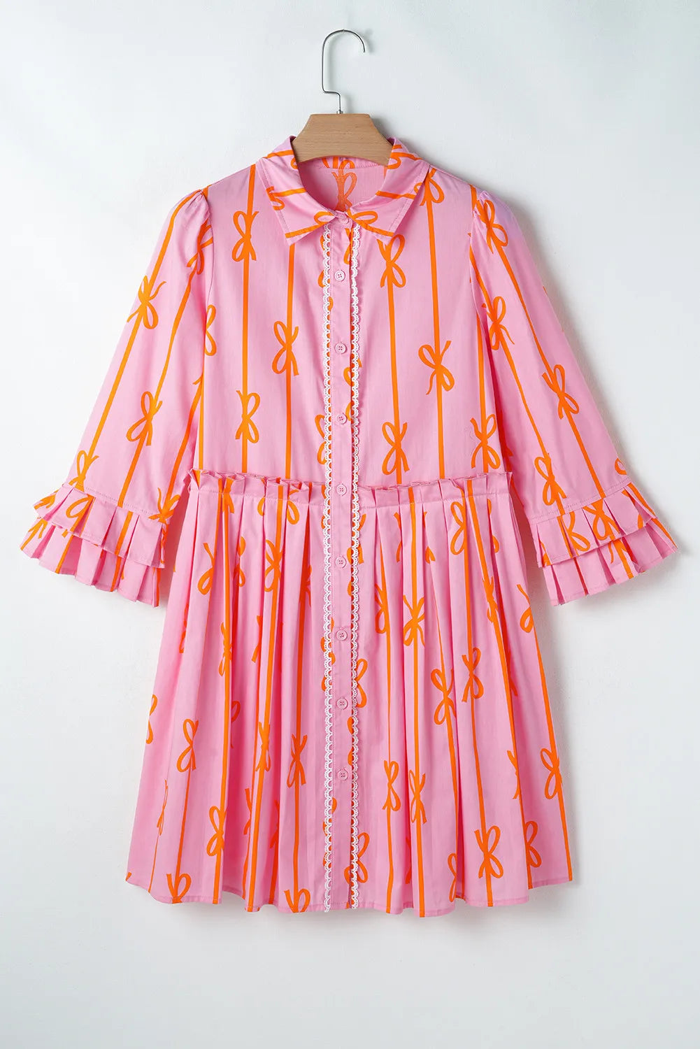 Spirit and Rebel Ruffled Bow Printed Three-Quarter Sleeve Boho Chic Shirt Dress [Spirit and Rebel]   