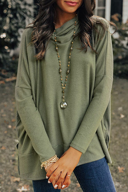 Side Slit High-Low Cowl Neck Long Sleeve Blouse [Spirit and Rebel] Army Green S 