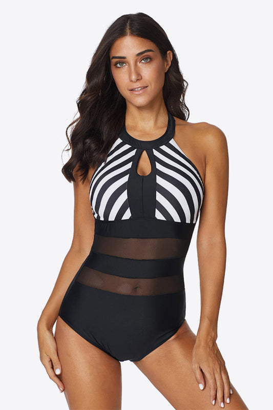 Sunset and Swim Striped Cutout Spliced Mesh Halter Neck DD+ swimwear One-Piece Swimsuit Sunset and Swim