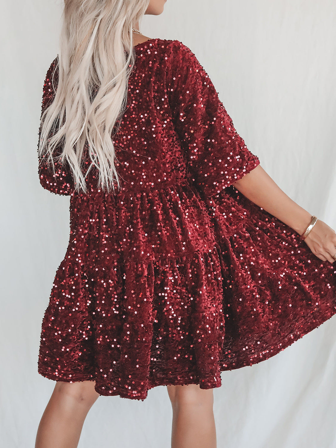 Plus Size Sequin Round Neck Half Sleeve Mini Boho Dress - Spirit and Rebel [Spirit and Rebel]   