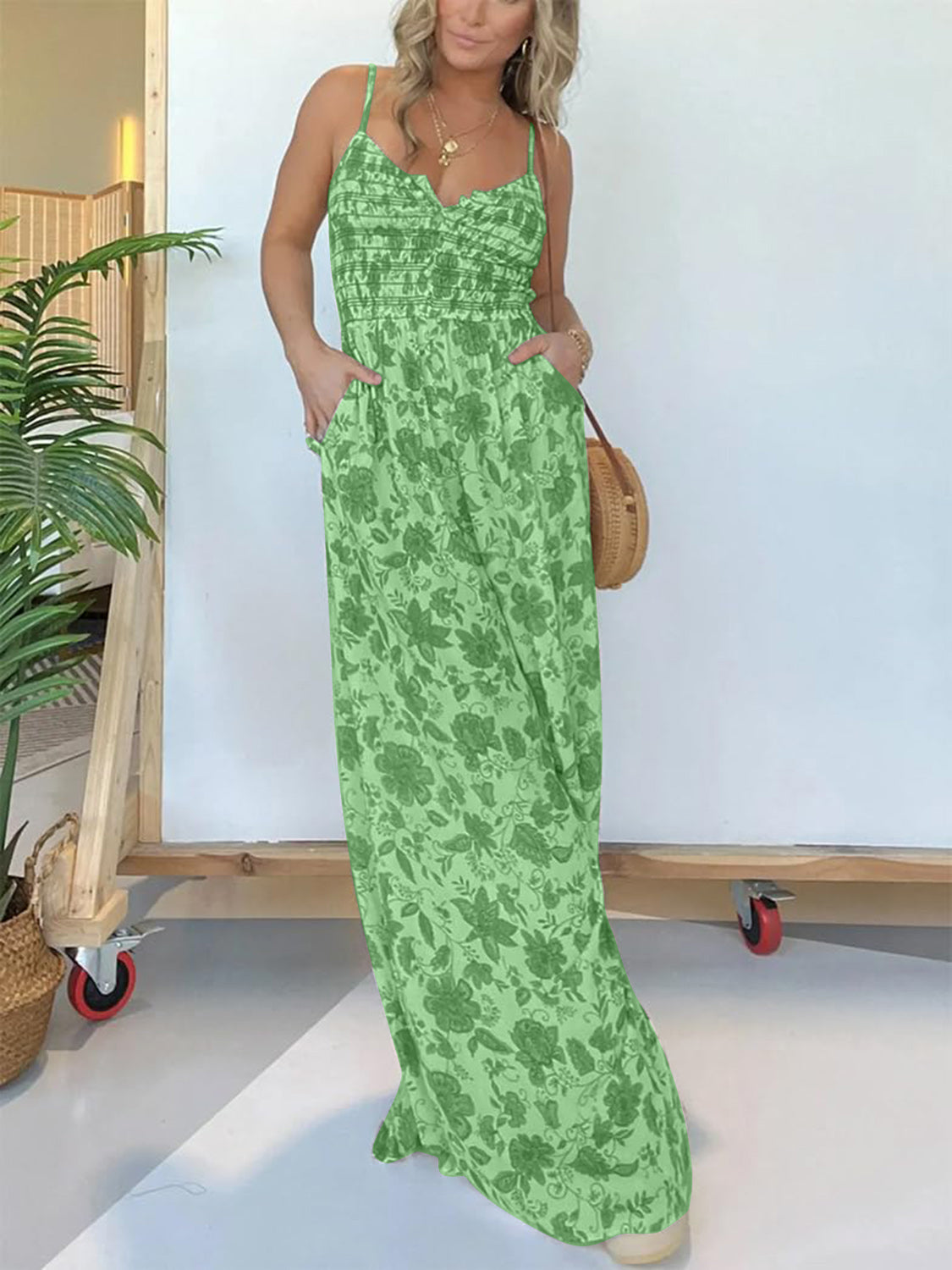 Plus Size Printed Spaghetti Strap Wide Leg Boho Jumpsuit - Spirit and Rebel [Spirit and Rebel] Green S 