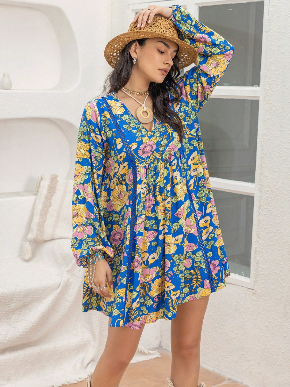 Printed V-Neck Balloon Sleeve Mini Boho Dress - Spirit and Rebel [Spirit and Rebel]   