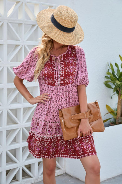 Printed Tie Neck Half Sleeve Boho Dress - Spirit and Rebel [Spirit and Rebel]   