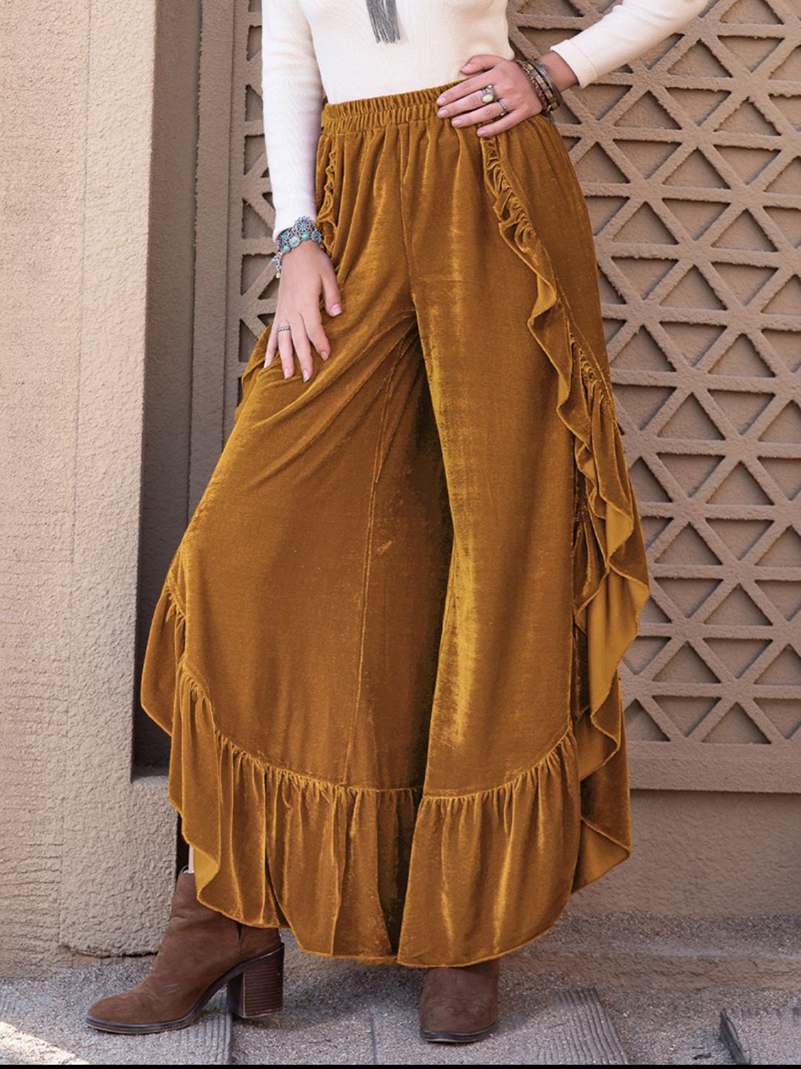 Slit Ruffled Wide Leg Boho Pants - Spirit and Rebel [Spirit and Rebel] Caramel S 