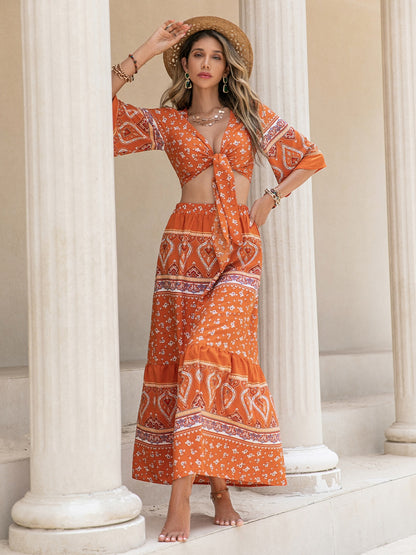 Printed Plunge Half Sleeve Boho Top and Skirt Set - Spirit and Rebel [Spirit and Rebel] Orange S 