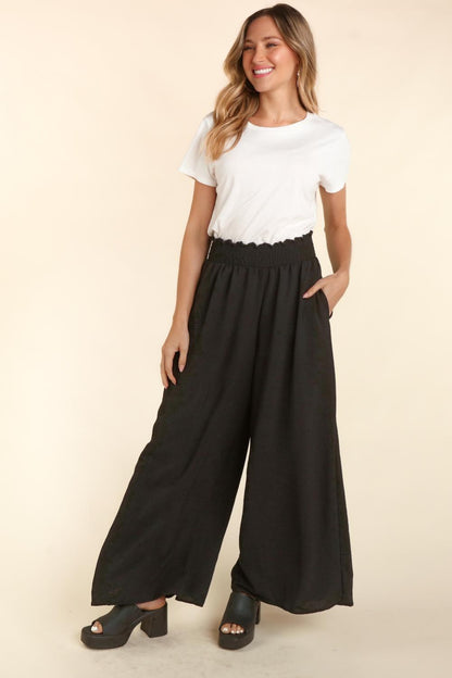 Elastic Waist Wide Leg Boho Pants with Pockets - Spirit and Rebel [Spirit and Rebel] Black S 