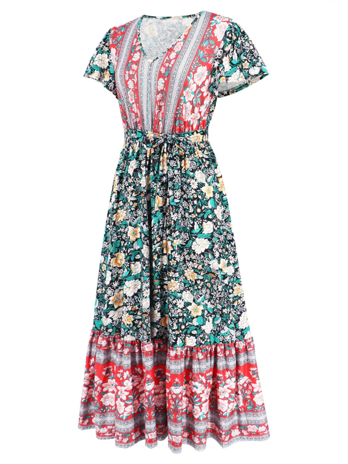 Tied Printed V-Neck Short Sleeve Boho Wedding Guest Dress [Spirit and Rebel]   