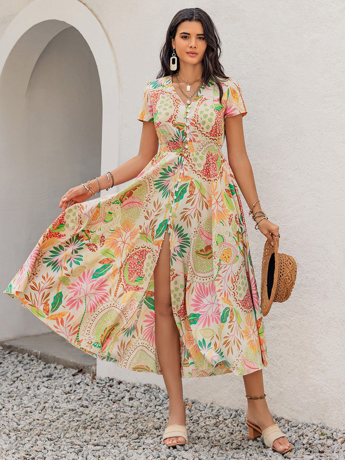 Printed V-Neck Short Sleeve Midi Boho Dress - Spirit and Rebel [Spirit and Rebel]   