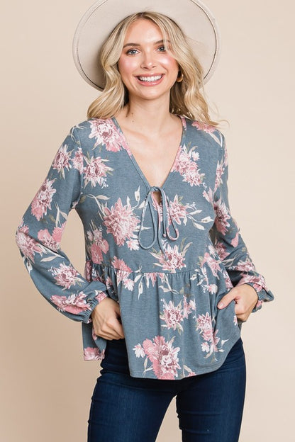 Super Lady Plus Size Babydoll Floral Long Sleeve Boho Blouse [Spirit and Rebel]   