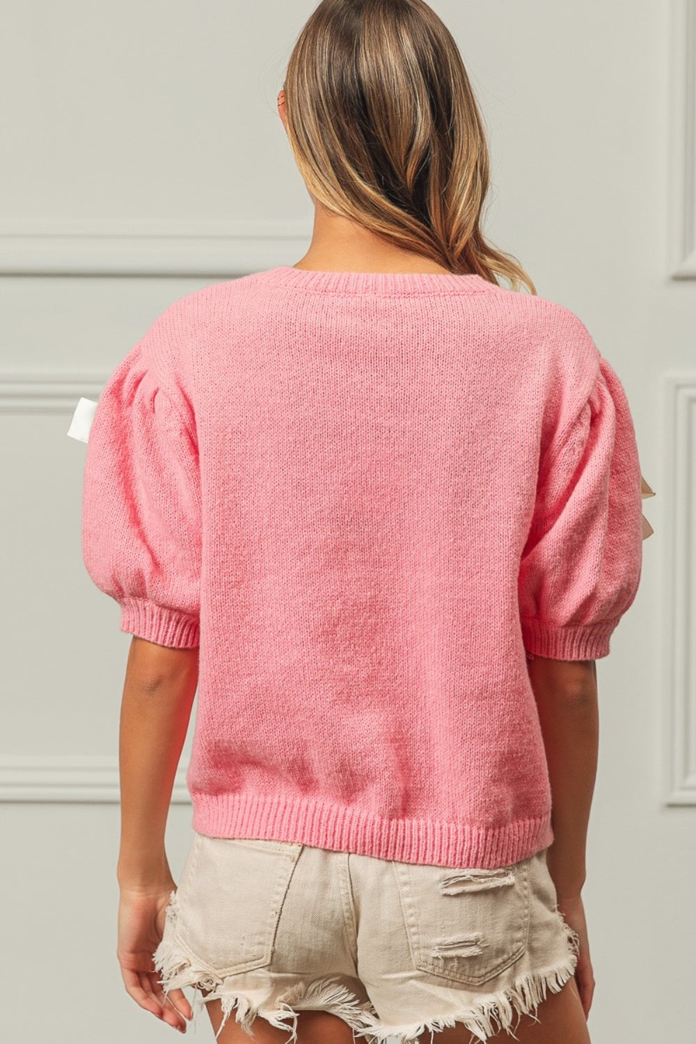 Ribbon Bow Detail Puff Sleeve Boho Sweater - Spirit and Rebel [Spirit and Rebel]   