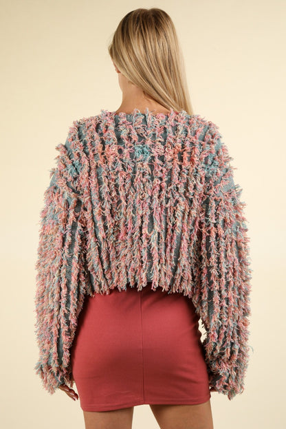 Spirit and Rebel Shaggy Yarn Knit Zip Up Boho Jacket [Spirit and Rebel]   