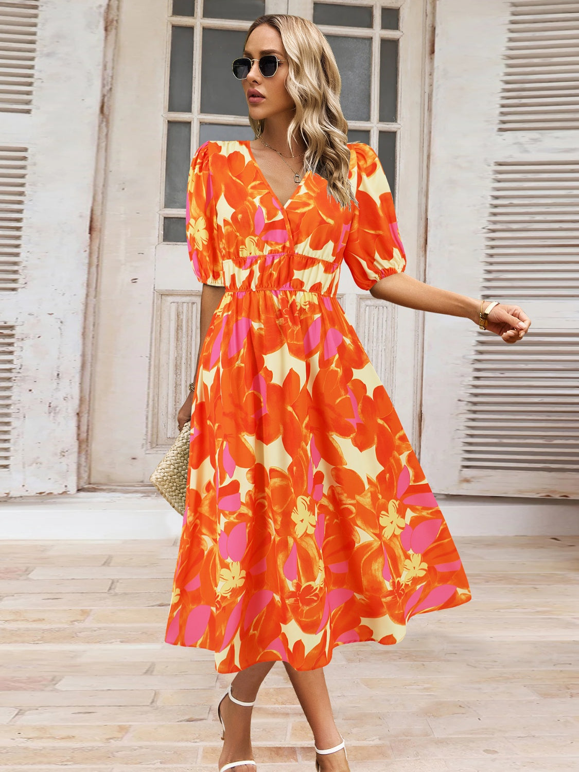 Boho Chic  Ruched Printed Surplice Short Sleeve Dress [Spirit and Rebel] Orange S 