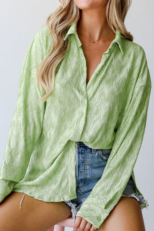 Textured Collared Neck Long Sleeve Boho Shirt - Spirit and Rebel [Spirit and Rebel] Light Green S 