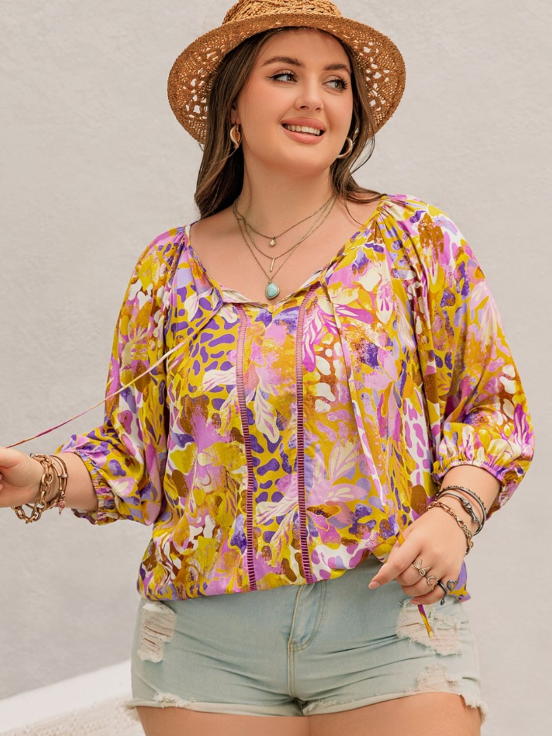 Plus Size Printed Tie Neck Boho Blouse - Spirit and Rebel [Spirit and Rebel]   