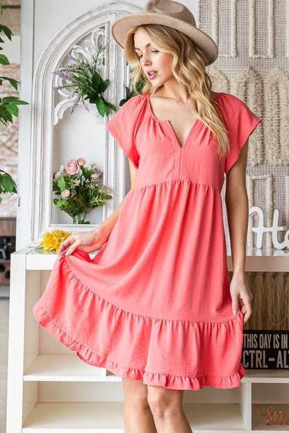 Ruffled Notched Cap Sleeve Boho Dress - Spirit and Rebel [Spirit and Rebel]   