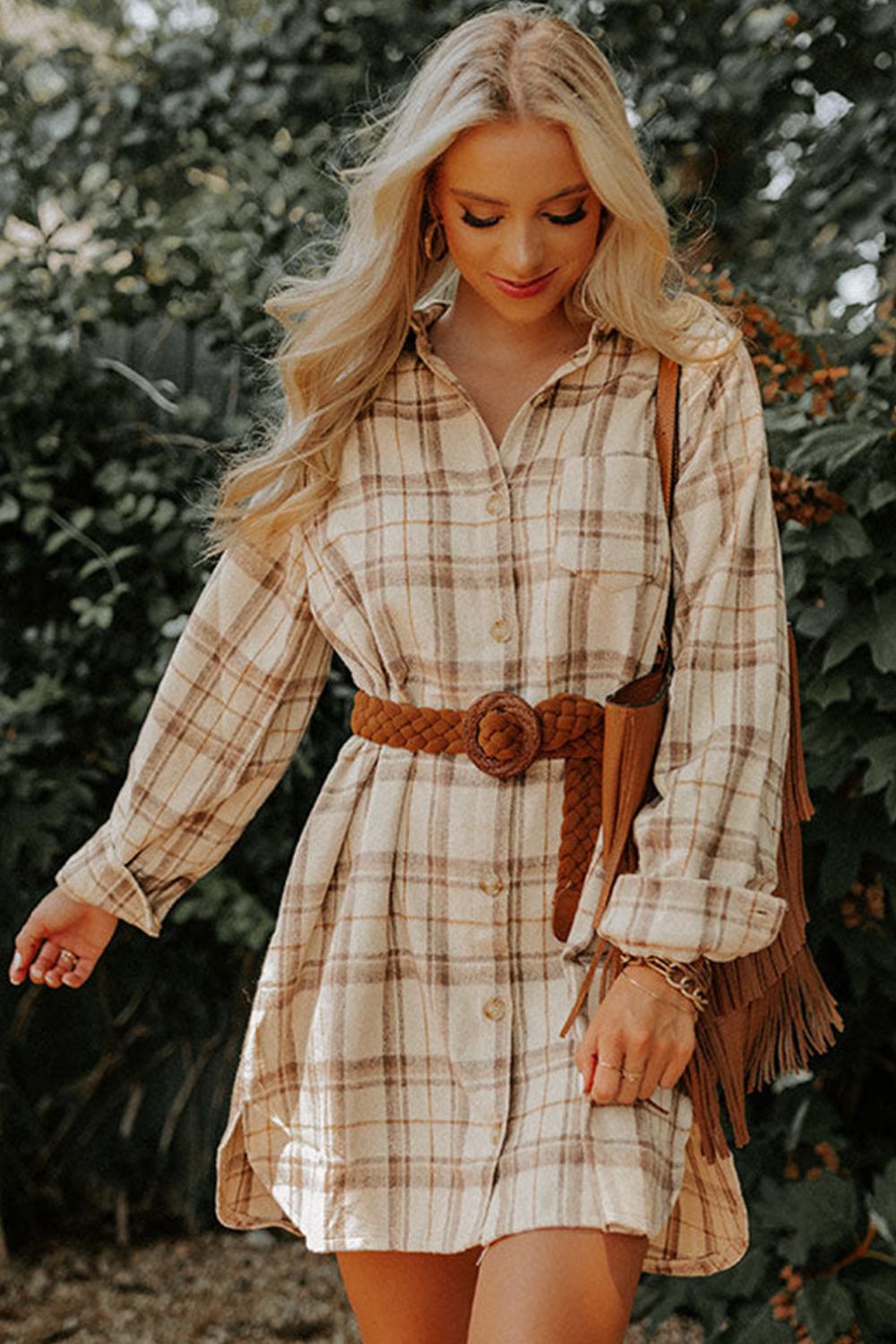 Plaid Collared Neck Long Sleeve Mini Shirt Dress [Spirit and Rebel]