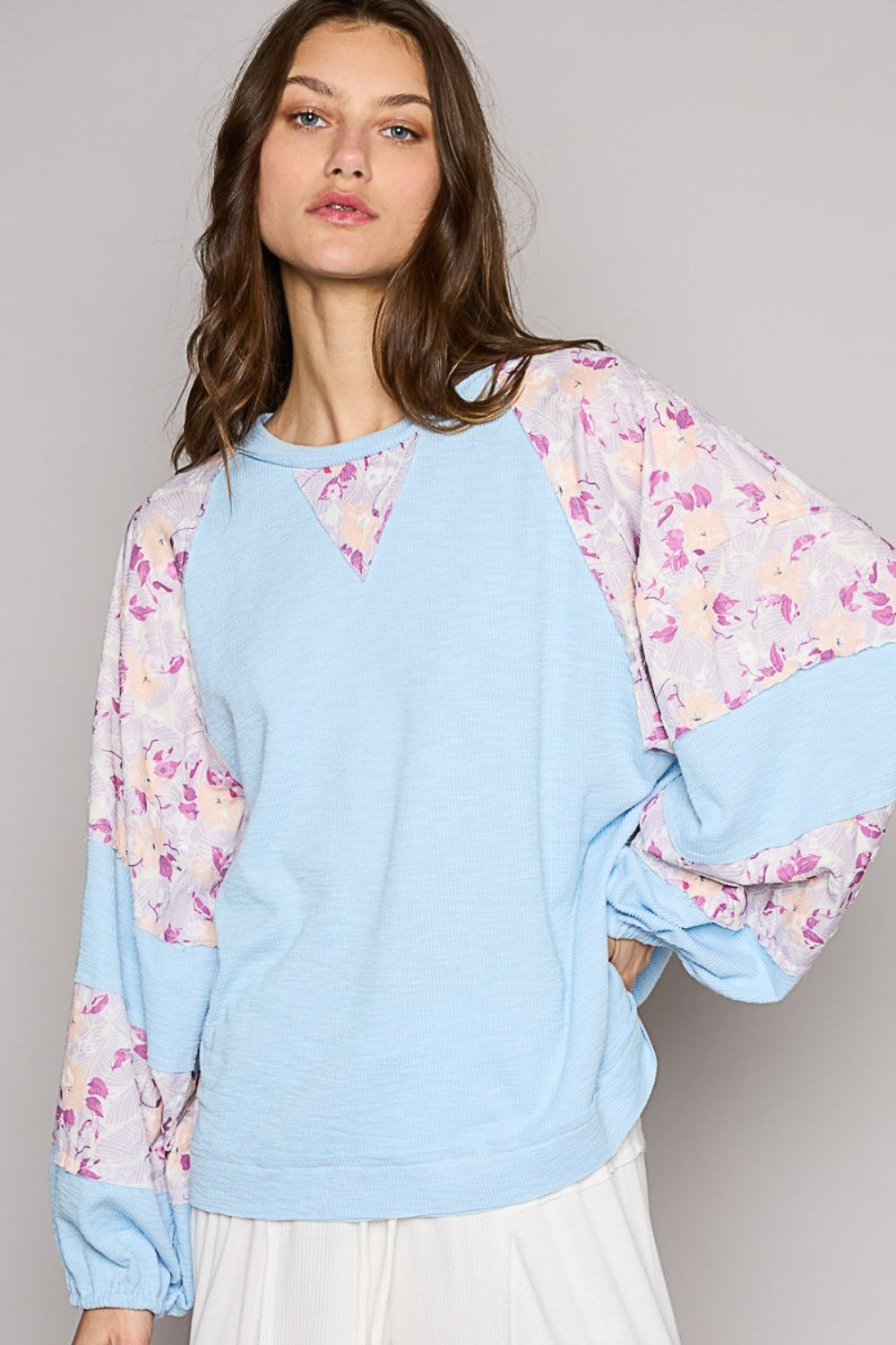 Round Neck Balloon Floral Long Sleeve Boho Top - Spirit and Rebel [Spirit and Rebel] Sky Blue Multi S 