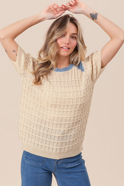 Textured Contrast Short Sleeve Boho Sweater - Spirit and Rebel [Spirit and Rebel]   