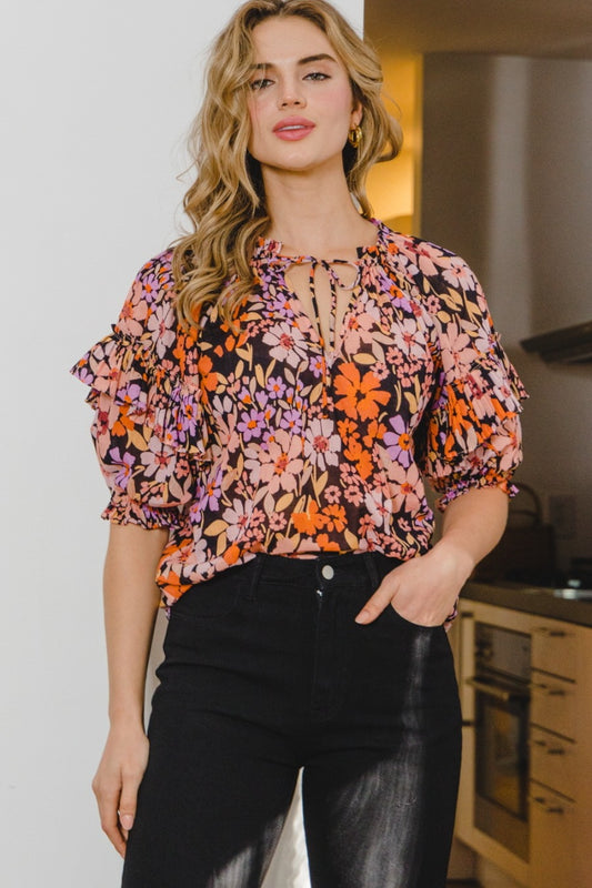 Plus Size Floral Tie Neck Ruffled Boho Blouse - Spirit and Rebel [Spirit and Rebel] Black Multi S 