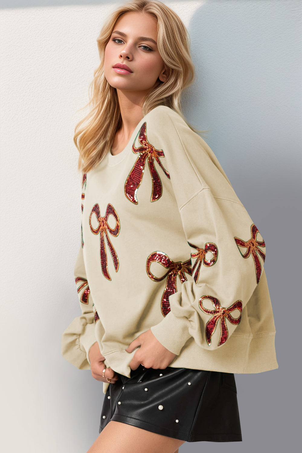 Double Take Christmas Bow Sequin Round Neck Dropped Shoulder Boho Sweatshirt [Spirit and Rebel]