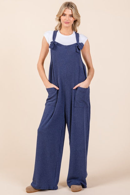 Knot Straps Wide Leg Ribbed Overalls with Pockets [Spirit and Rebel]