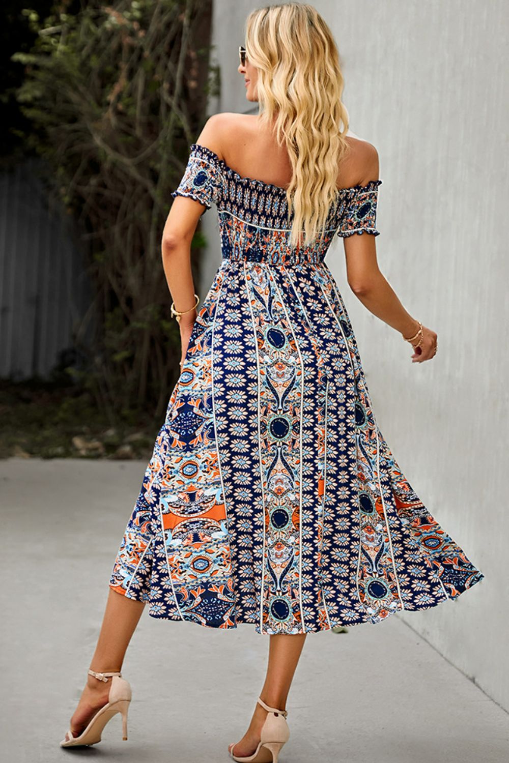 Off-Shoulder Frill Trim Split Boho Wedding Guest Dress [Spirit and Rebel]   