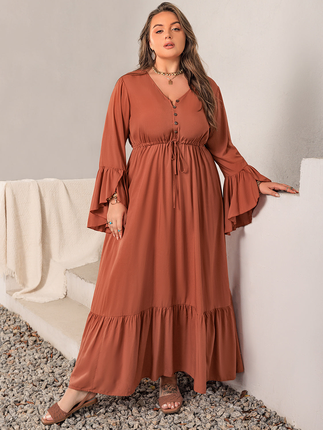 Plus Size V-Neck Flare Sleeve Maxi Boho Dress - Spirit and Rebel [Spirit and Rebel]   