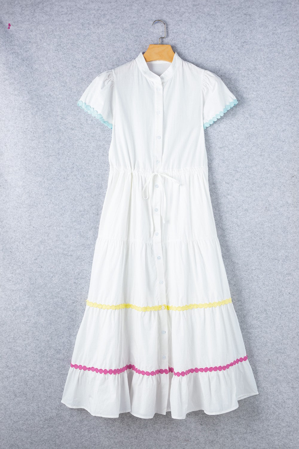 Contrast Trim Button Up Short Sleeve Boho Dress - Spirit and Rebel [Spirit and Rebel]   