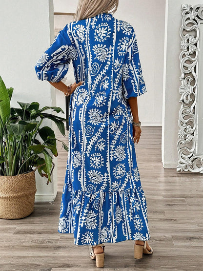 Spirit and Rebel Printed Notched Half Sleeve Maxi Dress [Spirit and Rebel]   