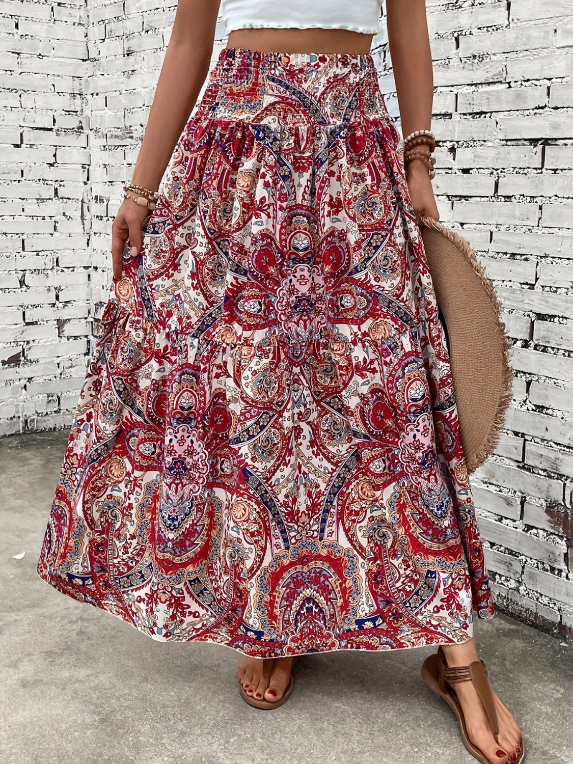 Printed Elastic Waist Maxi Skirt [Spirit and Rebel] Deep Red S 