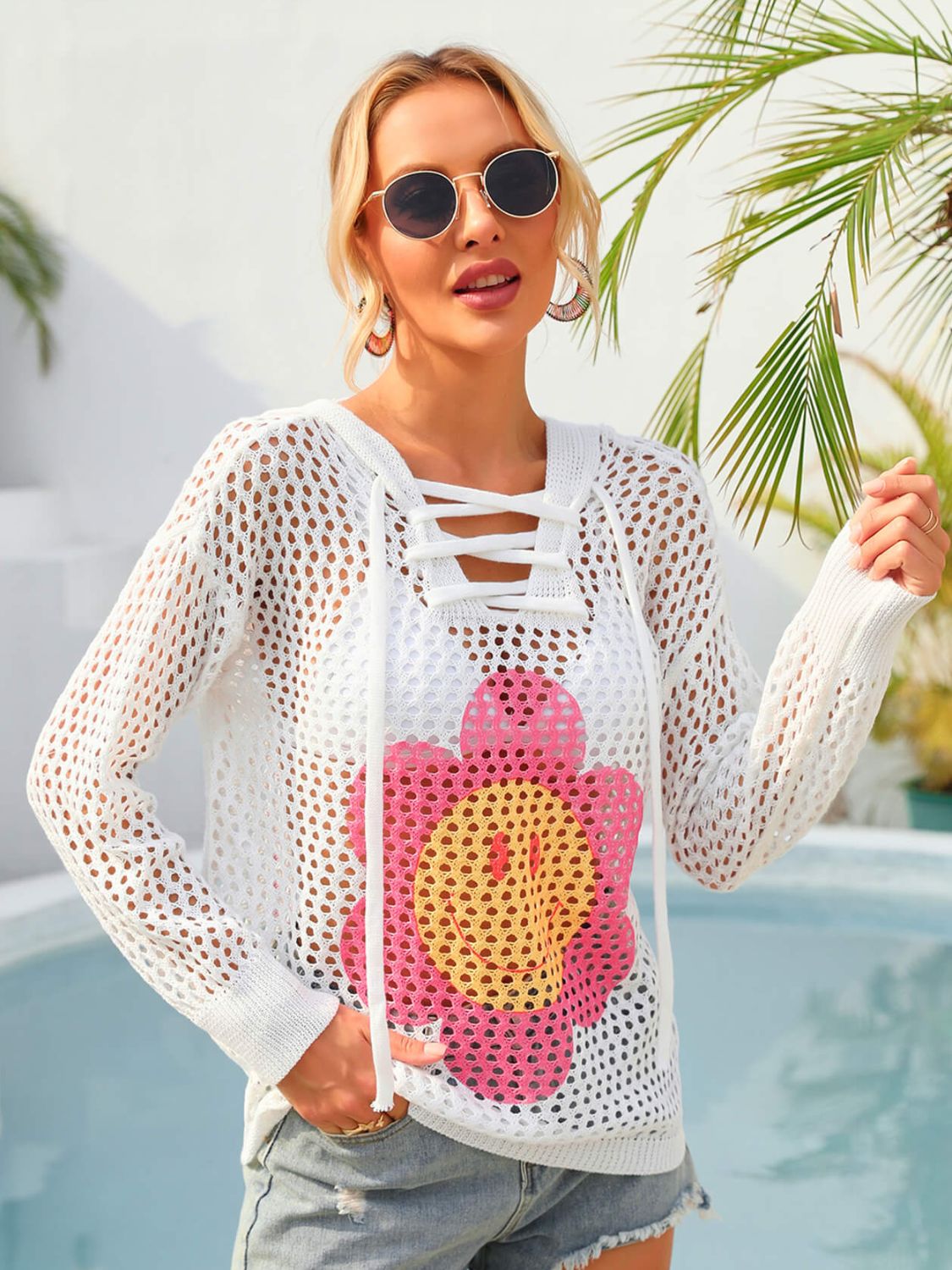 Sunset and Swim Flower Graphic Lace-Up Openwork Hooded Cover Up Sunset and Swim White S