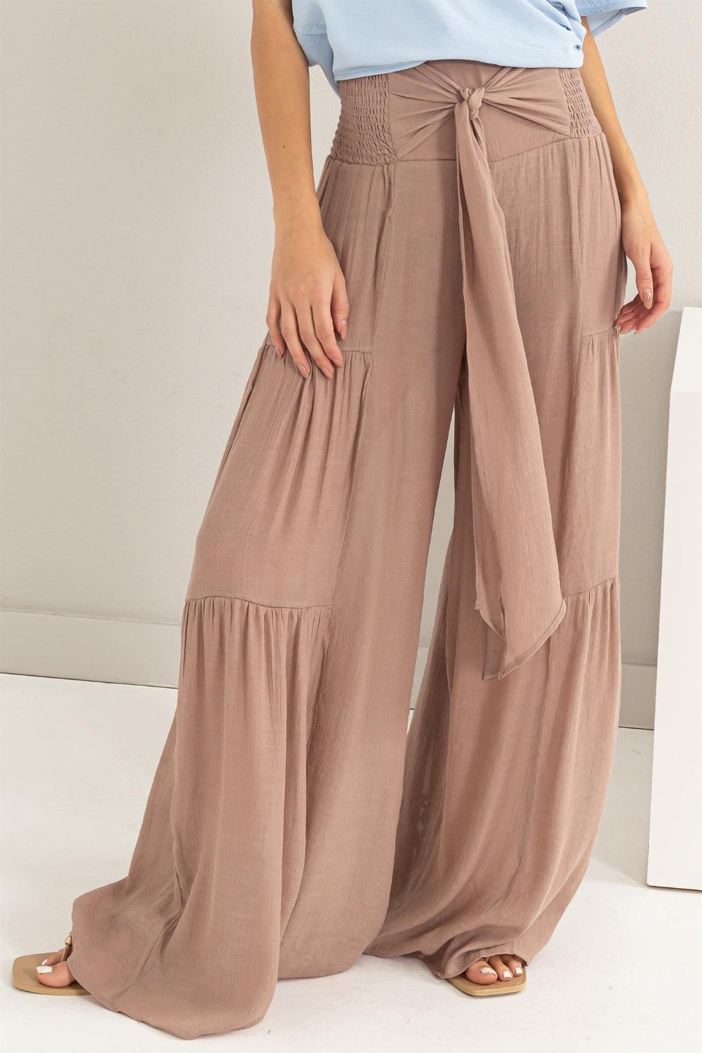 HYFVE Tie Front Ruched Tiered Pants [Spirit and Rebel] Taupe S 