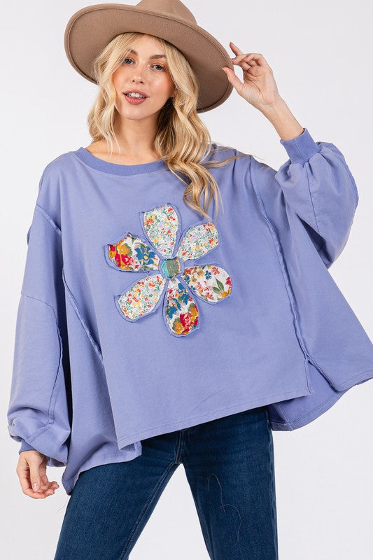 Flower Patch Dropped Shoulder Oversize Top [Spirit and Rebel] Blue Purple S