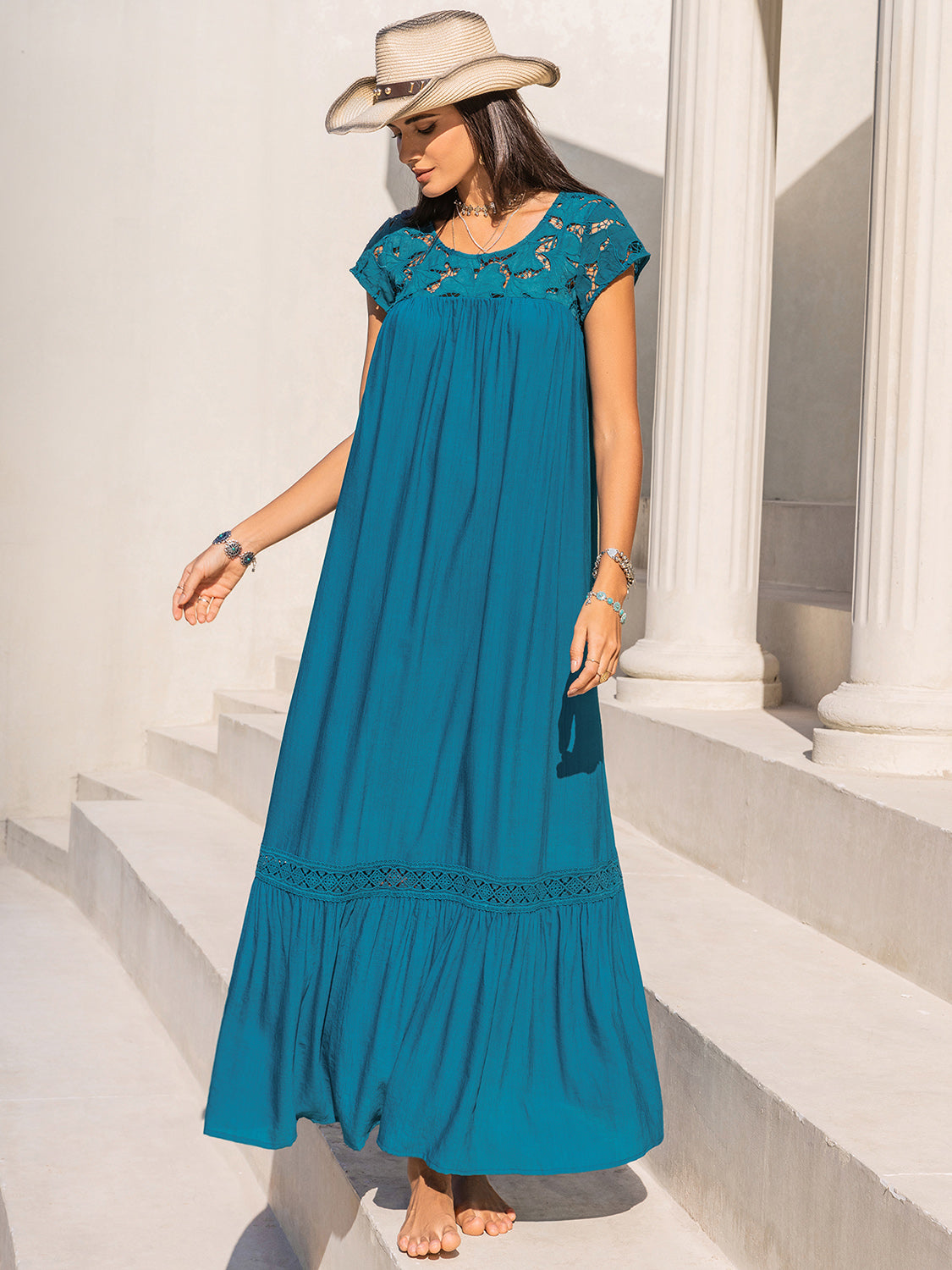 Round Neck Short Sleeve Maxi Boho Dress - Spirit and Rebel [Spirit and Rebel]   