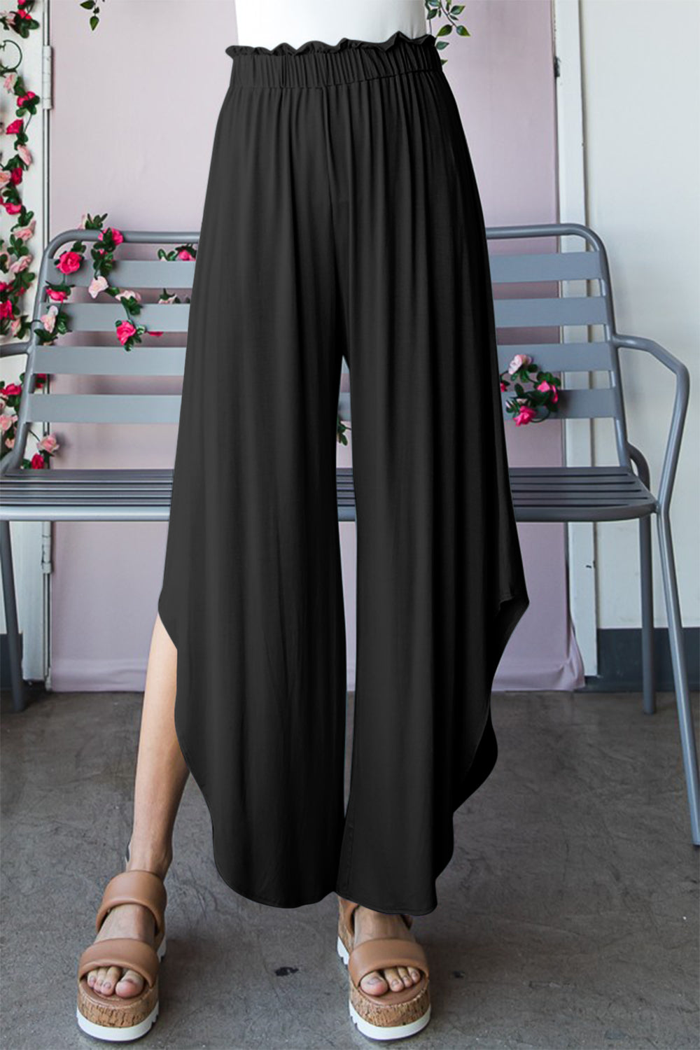 Heimish Plus Size Frill Slit High Waist Wide Leg Boho Pants [Spirit and Rebel]   