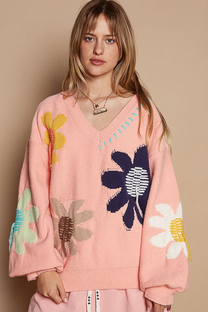 V-Neck Long Sleeve Flower Fringe Sweater [Spirit and Rebel]