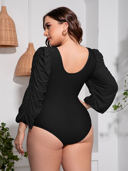 Plus Size Tied Deep V Balloon Sleeve One-Piece Swimsuit [Spirit and Rebel]