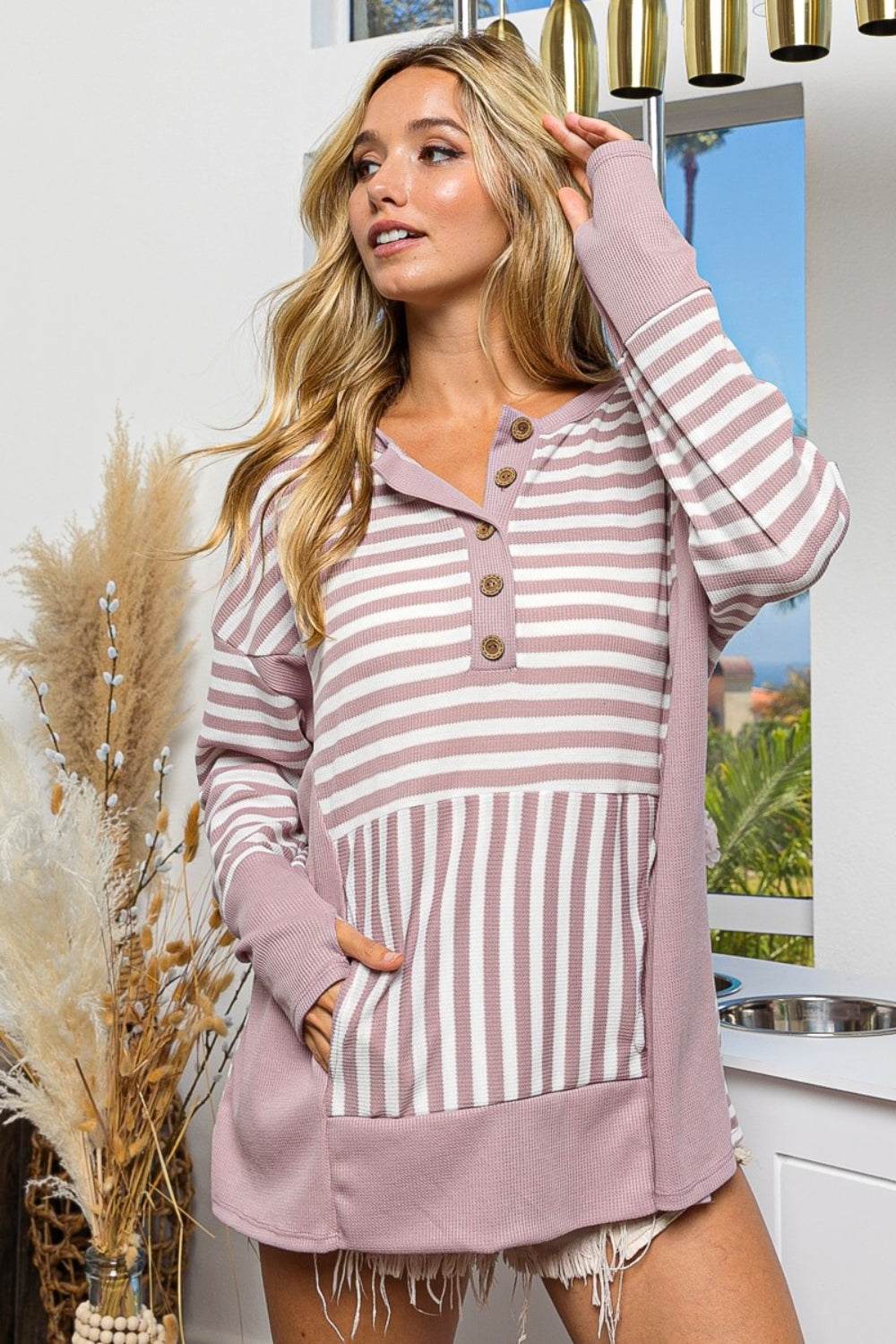 Striped Thumbhole Long Sleeve Boho Top - Spirit and Rebel [Spirit and Rebel]   