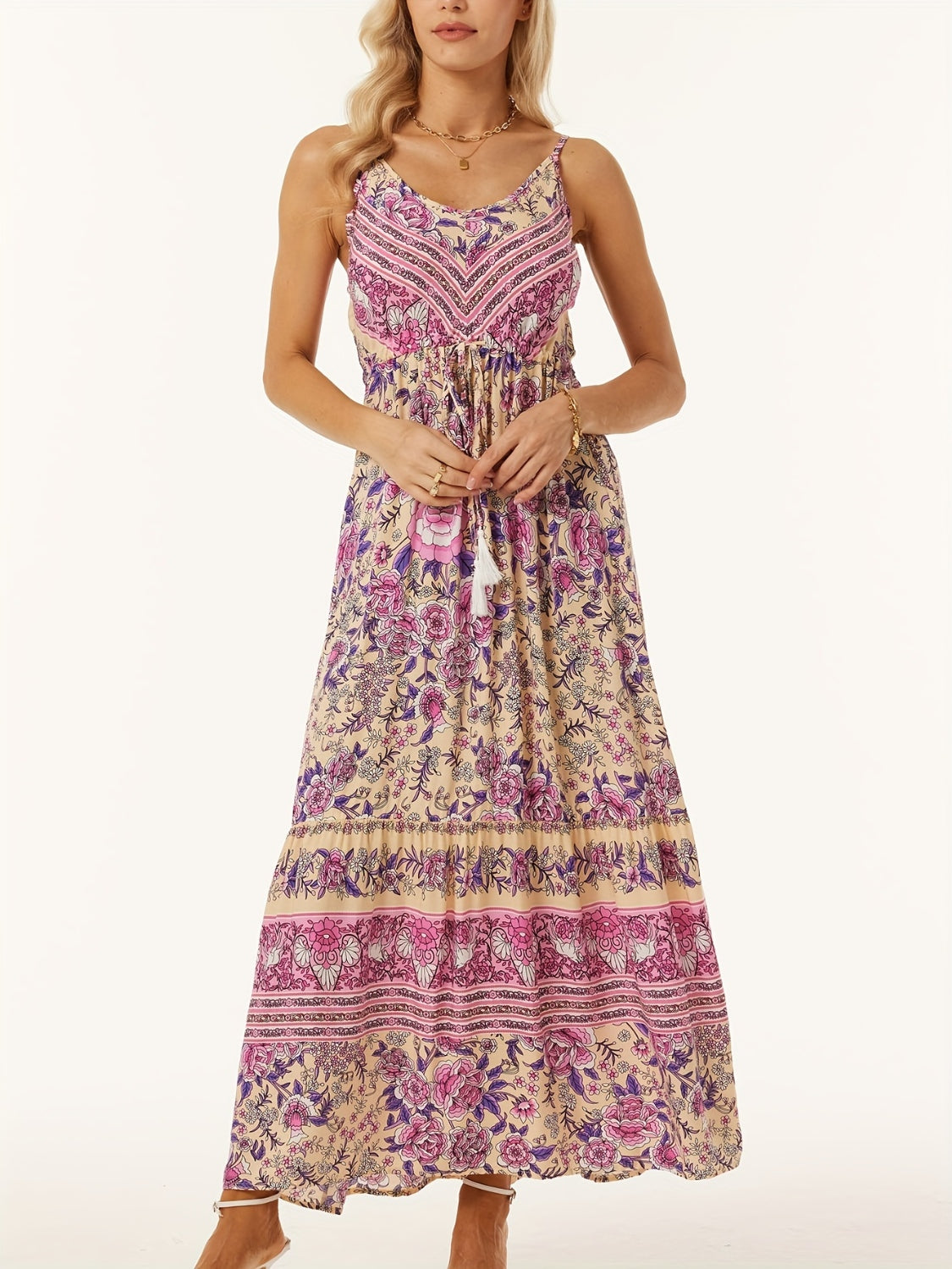 Printed Scoop Neck Midi Cami Boho Dress [Spirit and Rebel] Fuchsia Pink S 