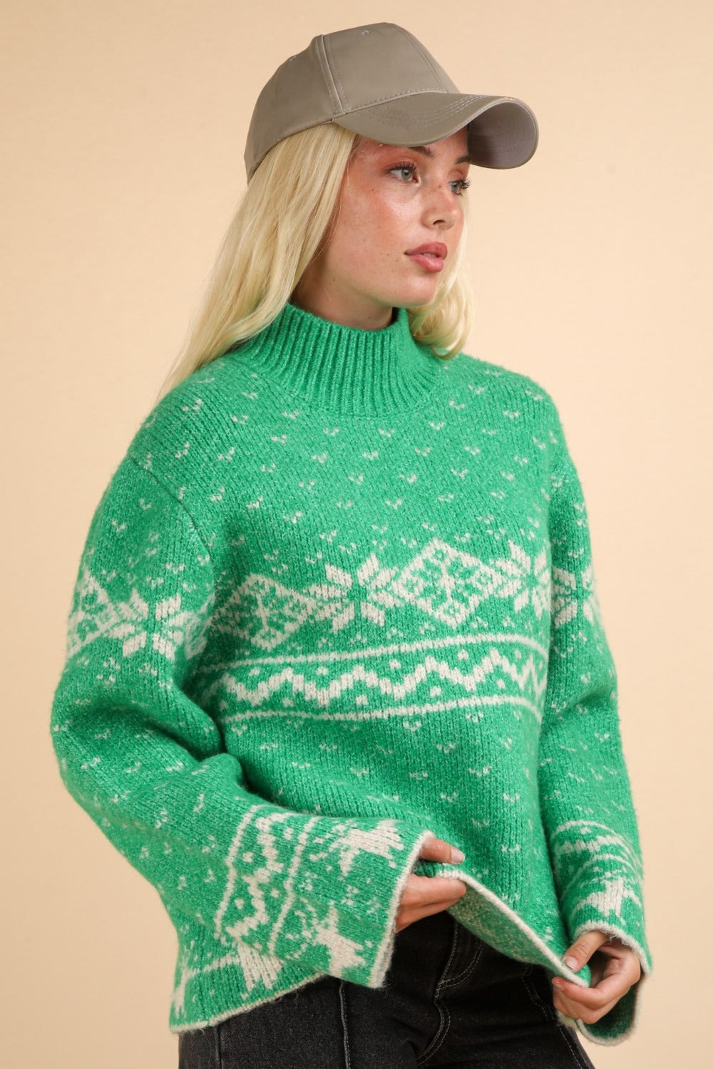 Spirit and Rebel Christmas Element Mock Neck Long Sleeve Boho Sweater [Spirit and Rebel]   