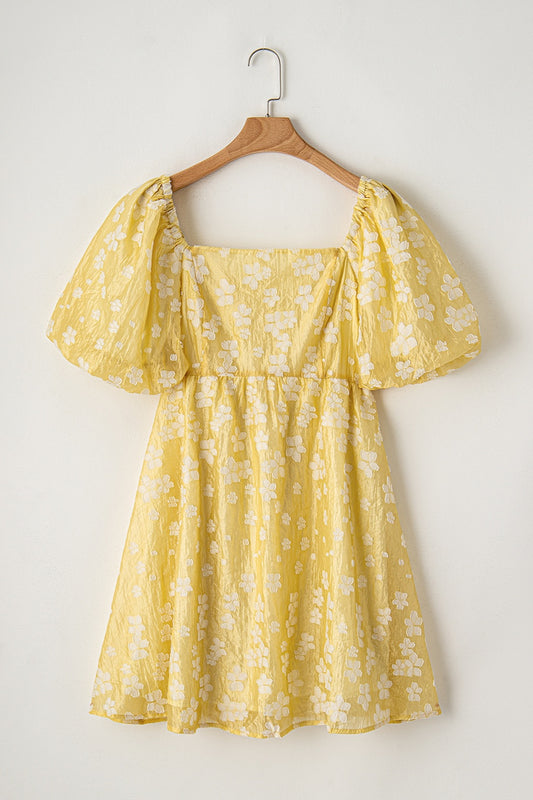 Printed Square Neck Puff Sleeve Mini Boho Dress - Spirit and Rebel [Spirit and Rebel] Light Yellow S 