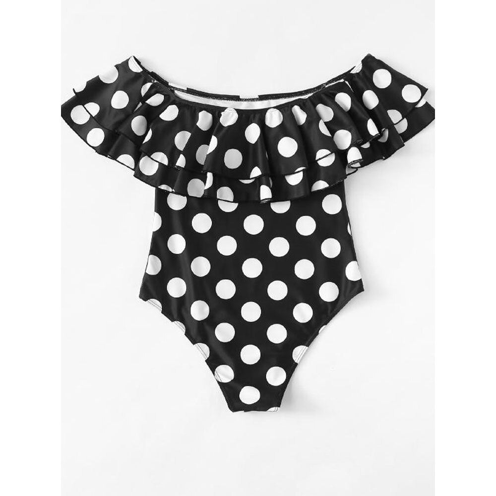 Gia Women Off-shoulder Swimsuit New Sexy Polka Dot One Piece Sunset and Swim Black dot bodysuit S