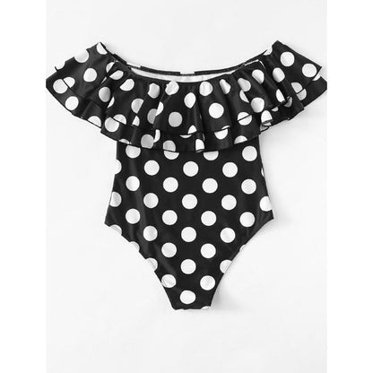 Gia Women Off-shoulder Swimsuit New Sexy Polka Dot One Piece Sunset and Swim Black dot bodysuit S