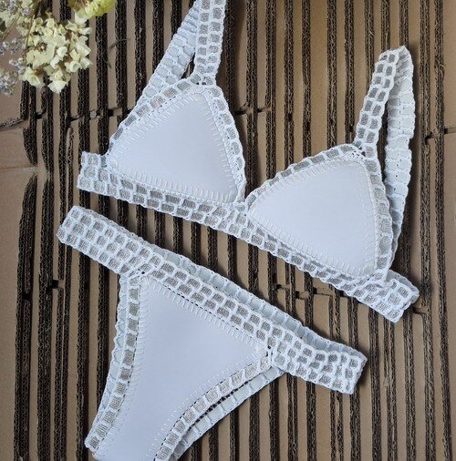 Italy Intense Sexy White Crochet Neoprene Triangle Bikini Set Sunset and Swim White as pic S