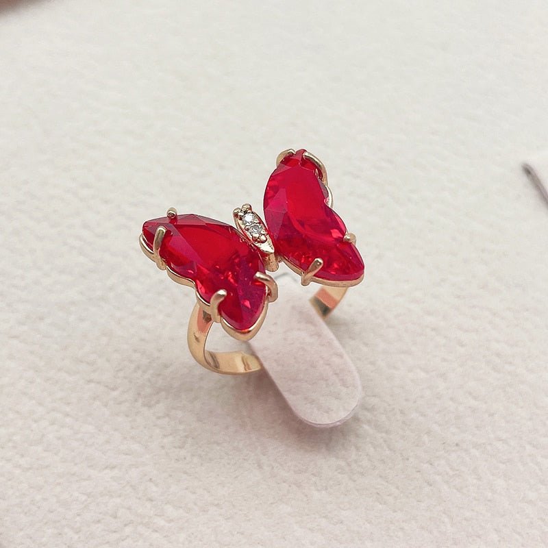 Trendy 16 Colors Crystal Butterfly Ring Sunset and Swim red