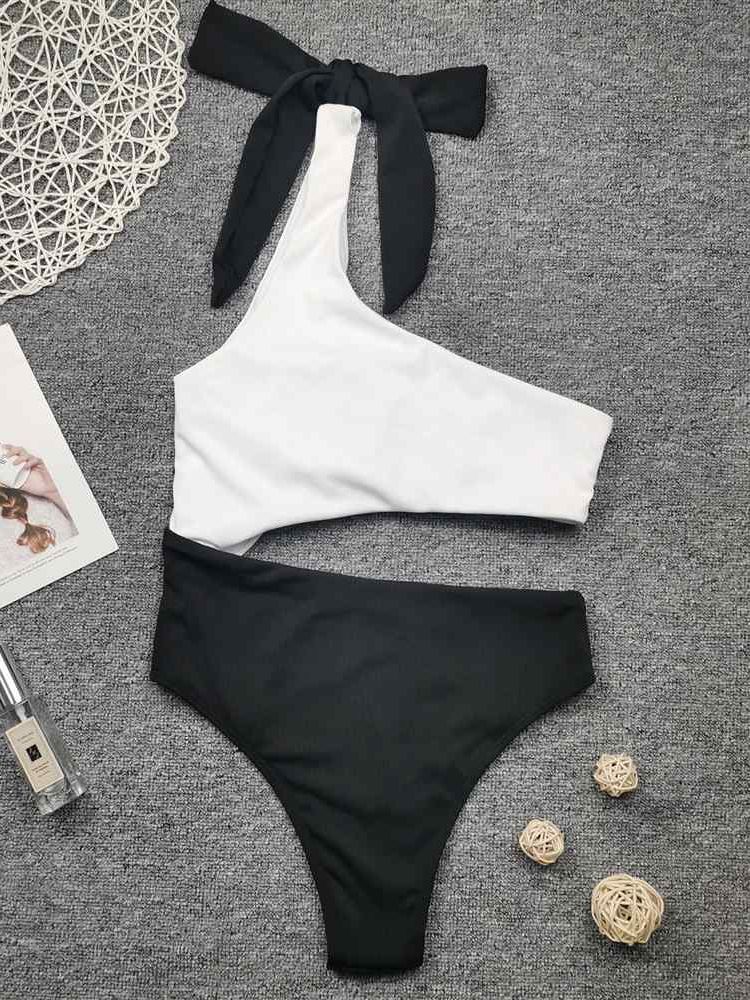 White Black Premium One Shoulder Swimsuit Sunset and Swim