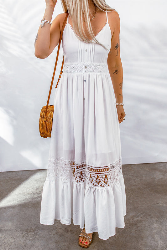 Boho Bliss White Buttoned Lace Maxi Dress [Spirit and Rebel] White S 