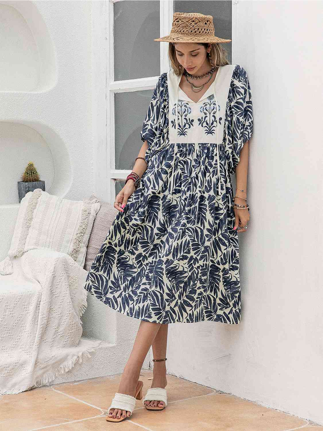 Printed Tie Neck Midi Dress [Spirit and Rebel] Navy S 