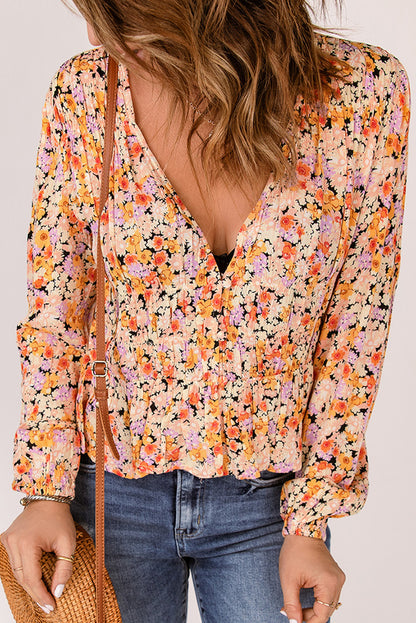 Floral Buttoned Plunge Peplum Boho Style Blouse [Spirit and Rebel] Multi S 